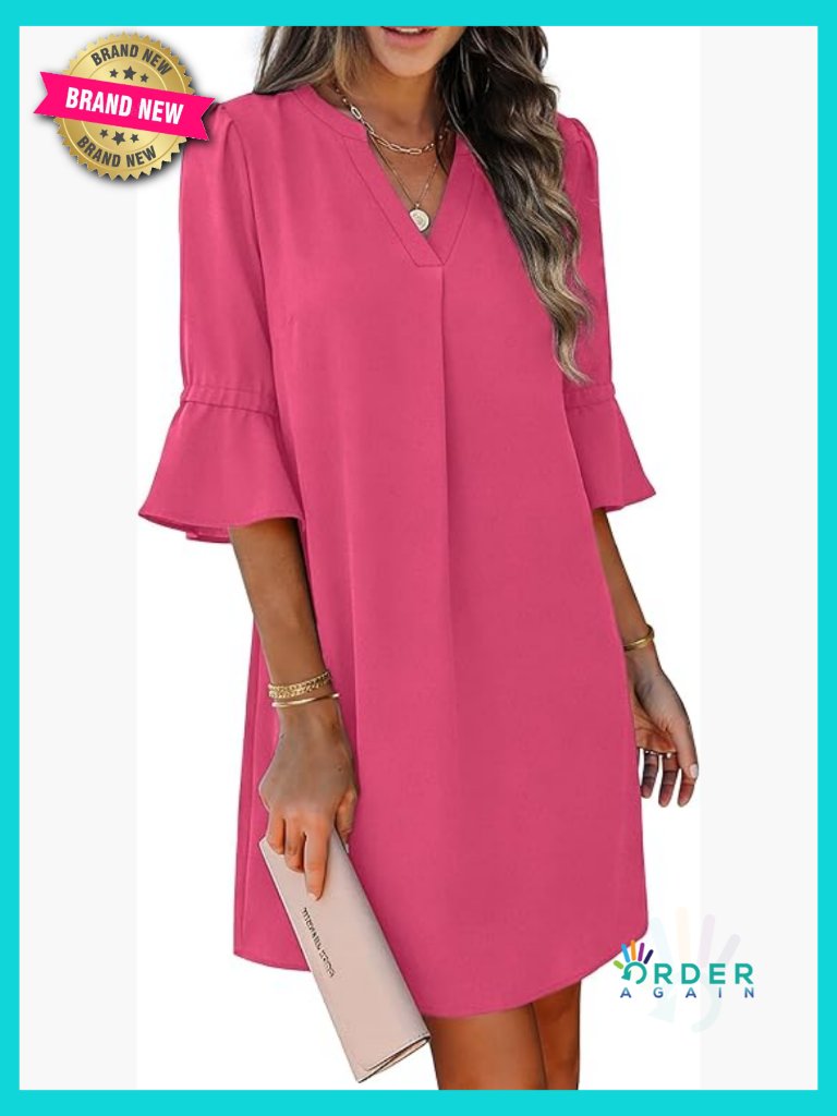 V Neck Ruffle Sleeve Shift Dress Loose Fit Summer Office Casual Chic